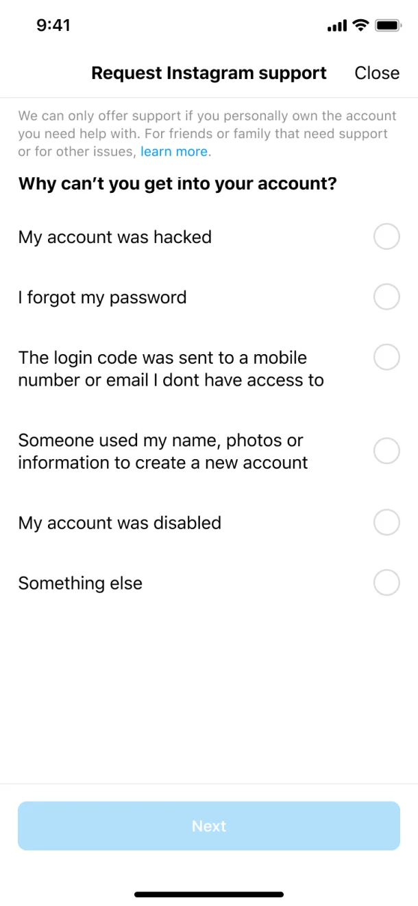 Instagram account recovery support screen